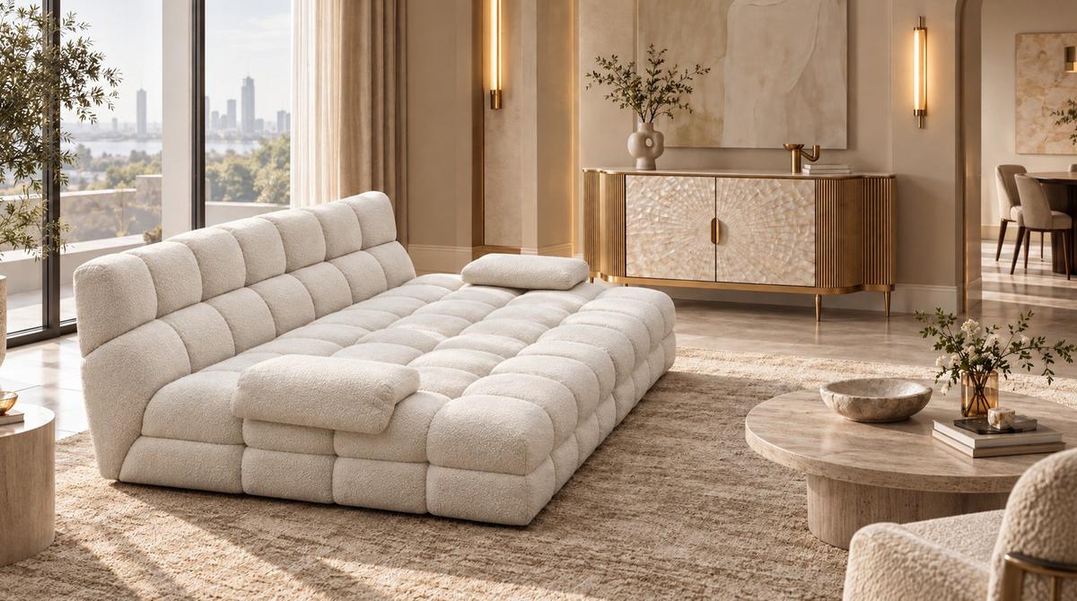 BIG SOFA AMIA Beige Bouclé - Beige/Schwarz, Kunststoff/Textil (290/86/178cm) - KAWOLA
