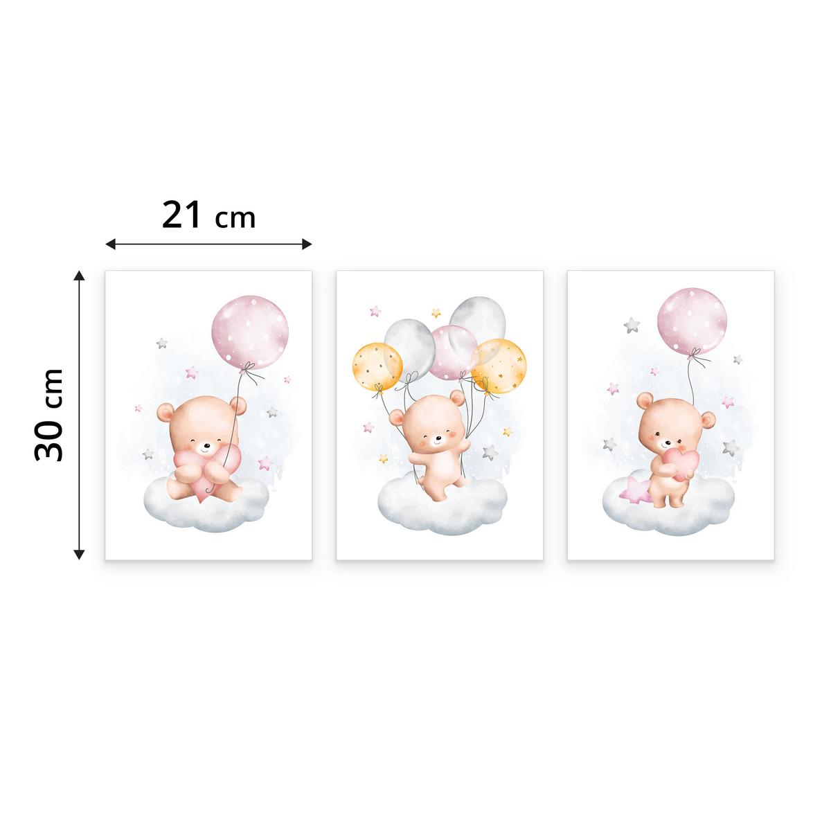 POSTER SET für Kinderzimmer Teddybären Wolken Ballons Sterne 3x Poster A4 21x30cm - Beige/Rosa, Papier (21/30/1cm) - Muralo