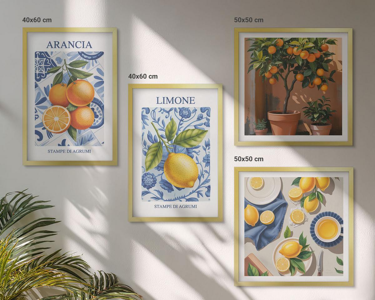 BILDER SET 4er Set - 50x50 cm & 40x60 cm Goldrahmen - Illustrationen von Zitrusfrüchten - Goldfarben, Kunststoff (50/50cm) - TULUP