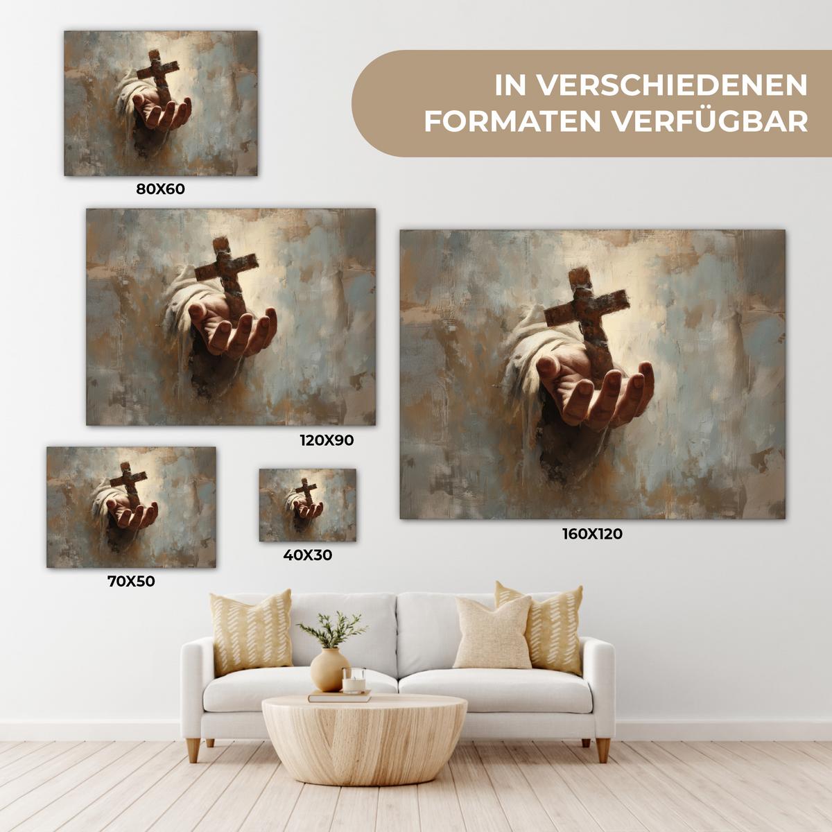 LEINWANDBILD Abstrakt - Kreuz - Hand - Christentum Wandbild 40x30 cm - Hellbraun, Textil (40/30cm) - MuchoWow