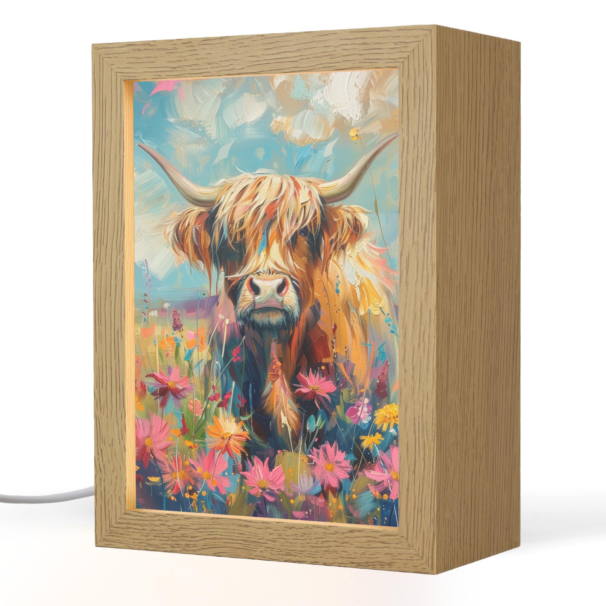 TISCHLEUCHTE Schottische Hochländer - Natur - Farbenfroh - Blumen 15x20 cm - Bordeaux, Holzwerkstoff (8/15/20cm) - OnlyWow