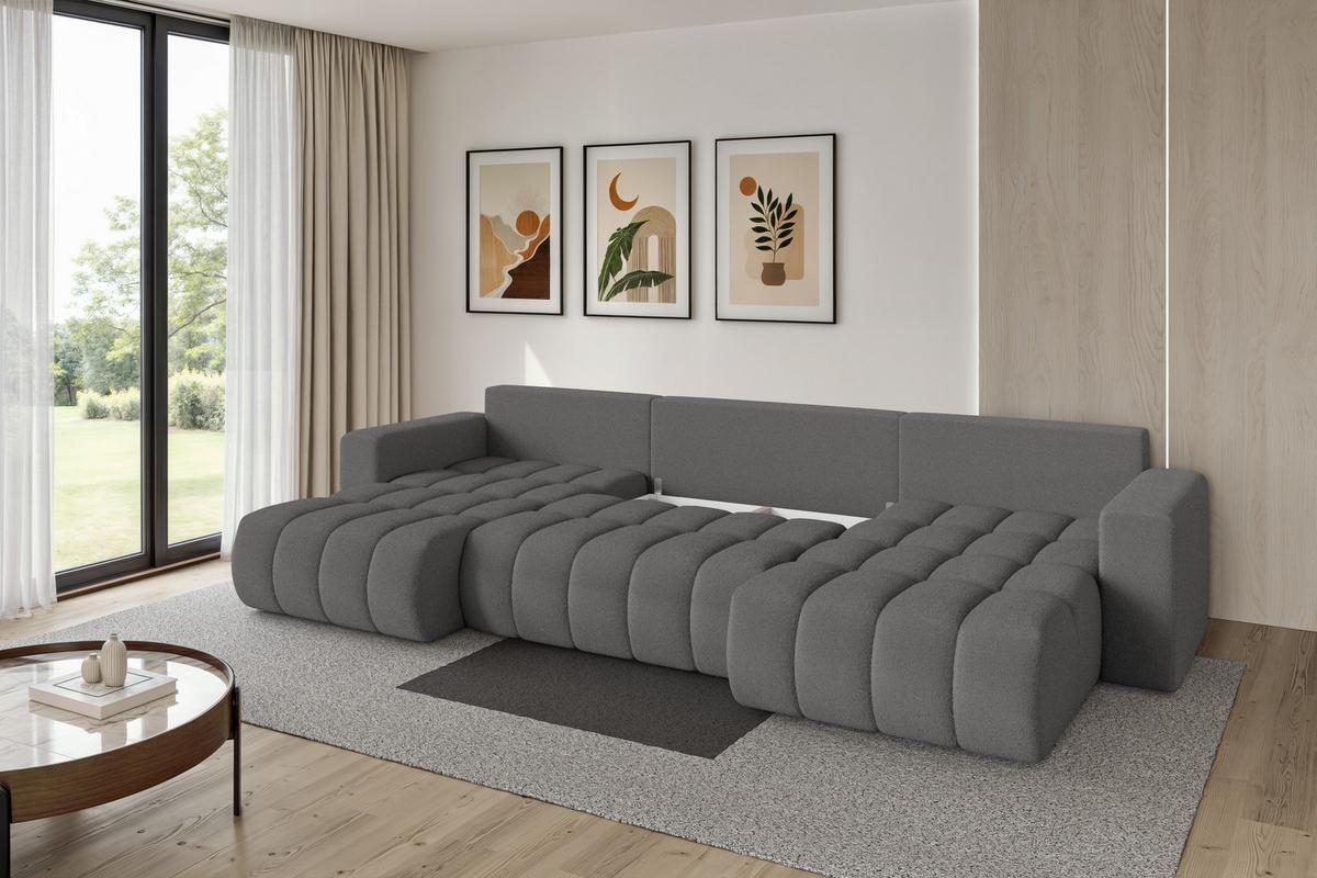 WOHNLANDSCHAFT mit Schlaffunktion und Bettkasten MILA-U-v1 378x194x86 Grau Bouclé - Schieferfarben/Schwarz, Holzwerkstoff/Kunststoff (378/86/194cm) - ALTDECOR