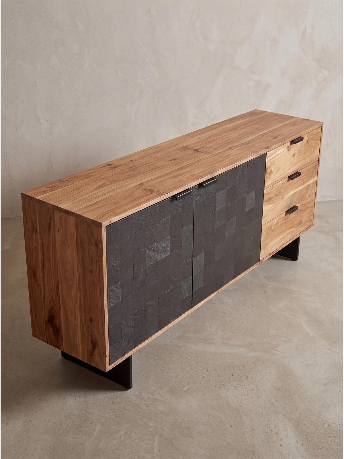 KOMMODE MONTEFALCO, Akazie Massivholz, Akazie-Schwarz, 175 x 40 x 76 cm - Schwarz/Akaziefarben, Holz/Metall (175/76/40cm) - KADIMA DESIGN