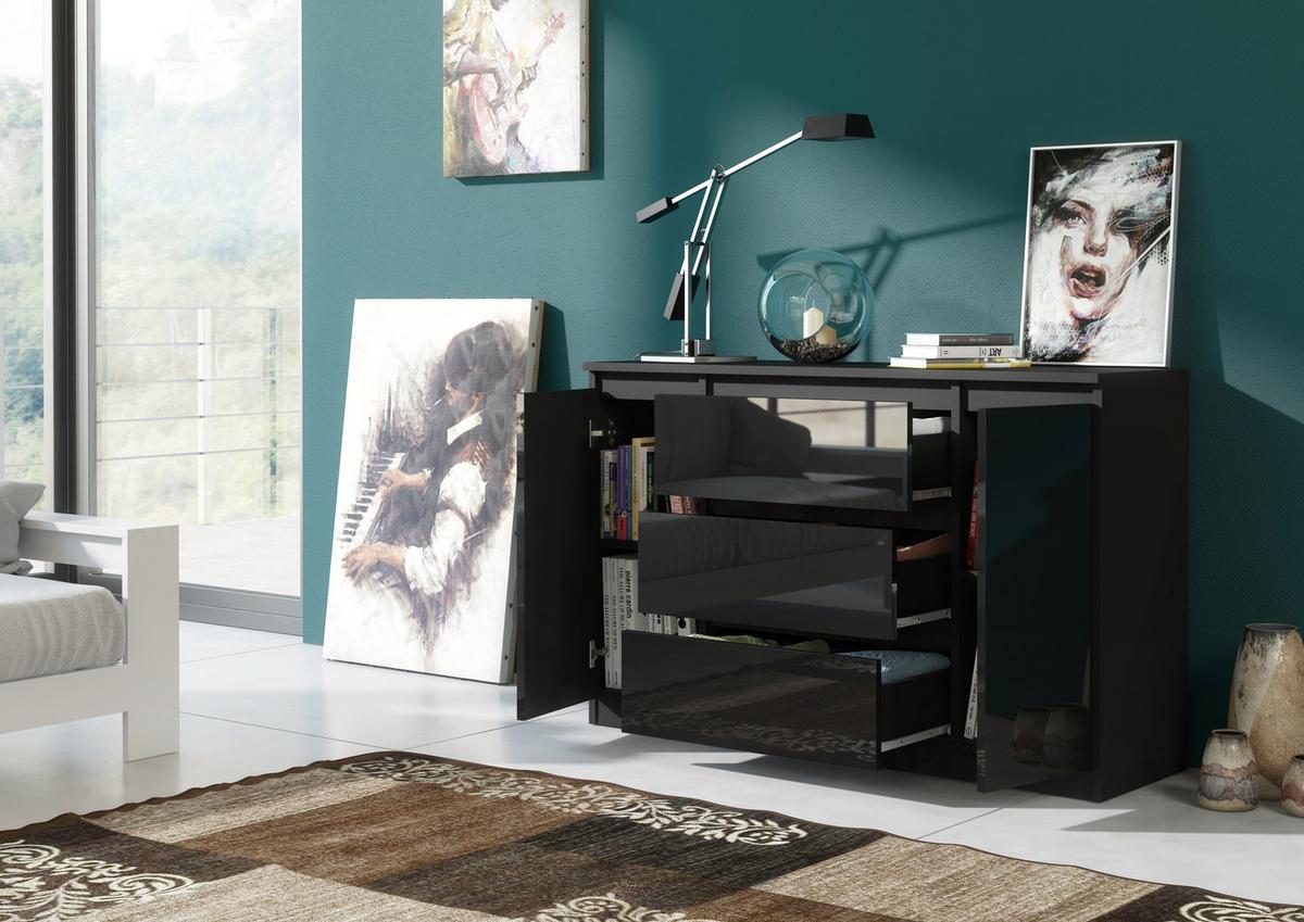 KOMMODE Schwarz, Hochglanz 120/79/39 - Schwarz Hochglanz/Schwarz, Holzwerkstoff (120/79/39cm) - RAUMHIRSCH FURNITURE