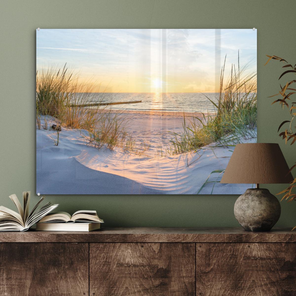 ACRYLGLASBILD Strand - Sonne - Düne - Gras - Sand - Horizont 80x60 cm - Hellblau, Glas (80/60cm) - MuchoWow