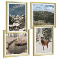BILDER SET 4er Set - 50x50 cm & 40x60 cm Goldrahmen - Berge, Schnee, Hirsche, Waldlandschaft - Goldfarben, Kunststoff (50/50cm) - TULUP