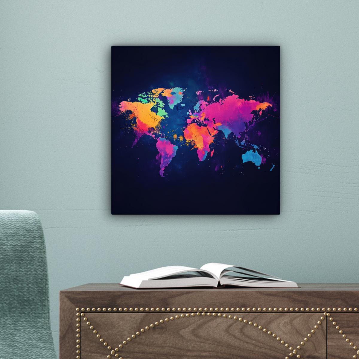 LEINWANDBILD Weltkarte - Bunt - Graffiti Deko Wohnzimmer 20x20 cm - Multicolor, Textil (20/20cm) - MuchoWow