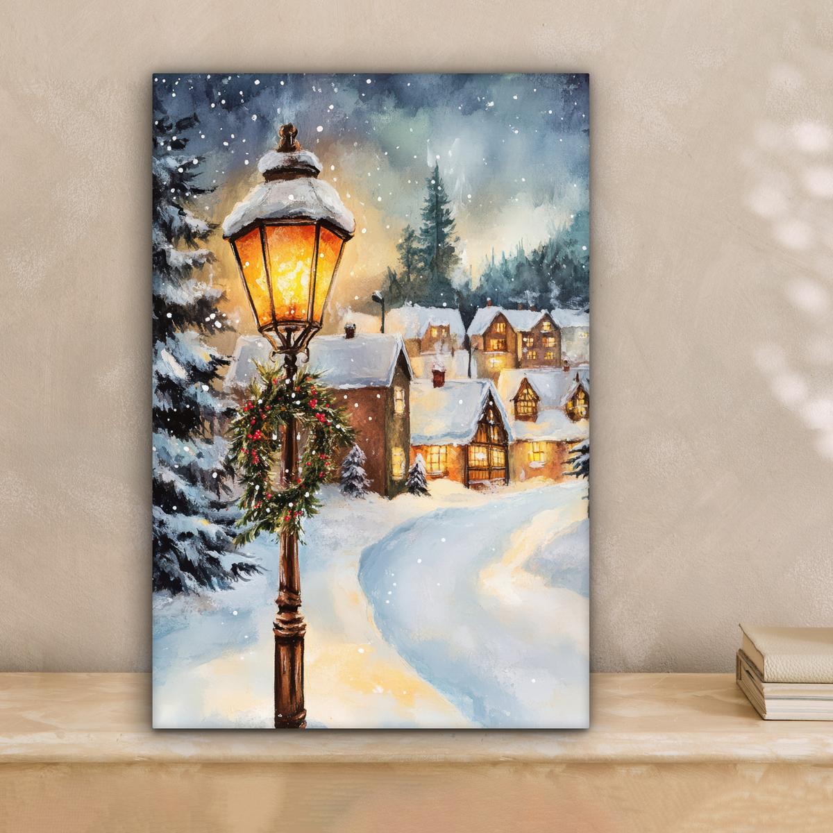 LEINWANDBILD Weihnachtsdorf - Häuser - Schnee - Weihnachten Deko Wohnzimmer 20x30 cm - Sandfarben, Textil (20/30cm) - MuchoWow