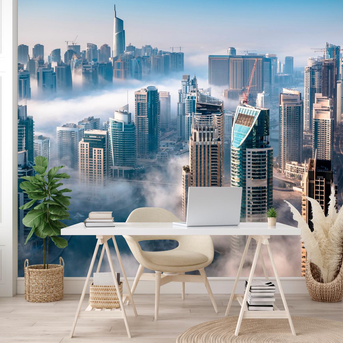FOTOTAPETE für Büro Dubai Nebel Wolkenkratzer Skyline Panorama 400x280 - Blau/Beige, Papier (400/280cm) - Muralo