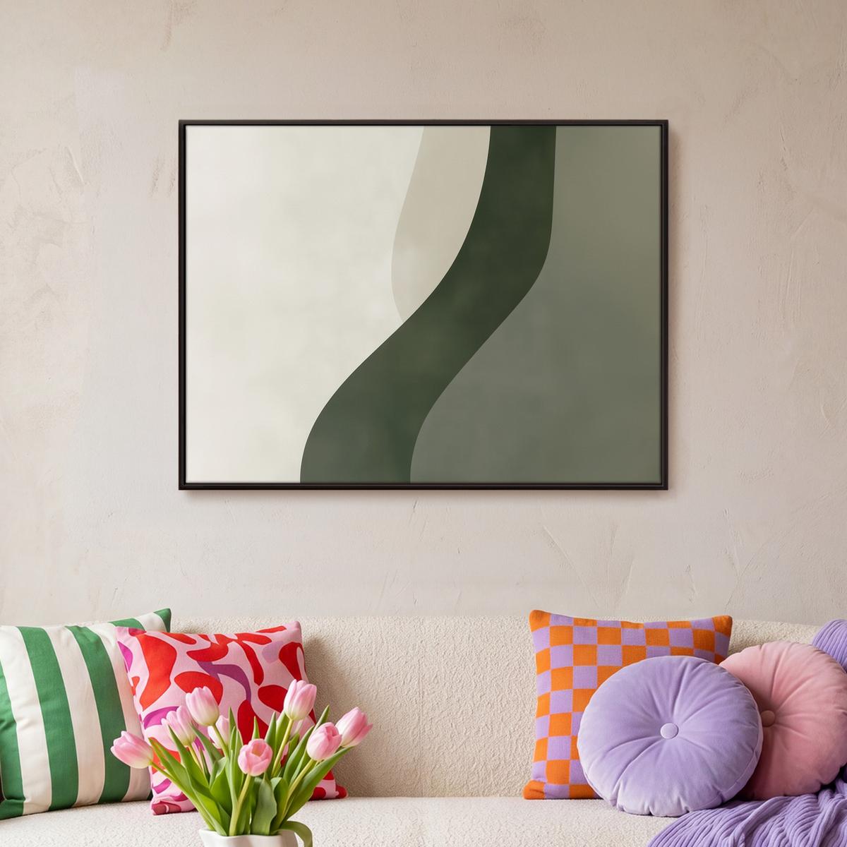 LEINWAND Bilder mit Rahmen - Japandi - Grün - Abstrakt - Modern - 70x50 - Salbeigrün, Textil (70/50cm) - MuchoWow