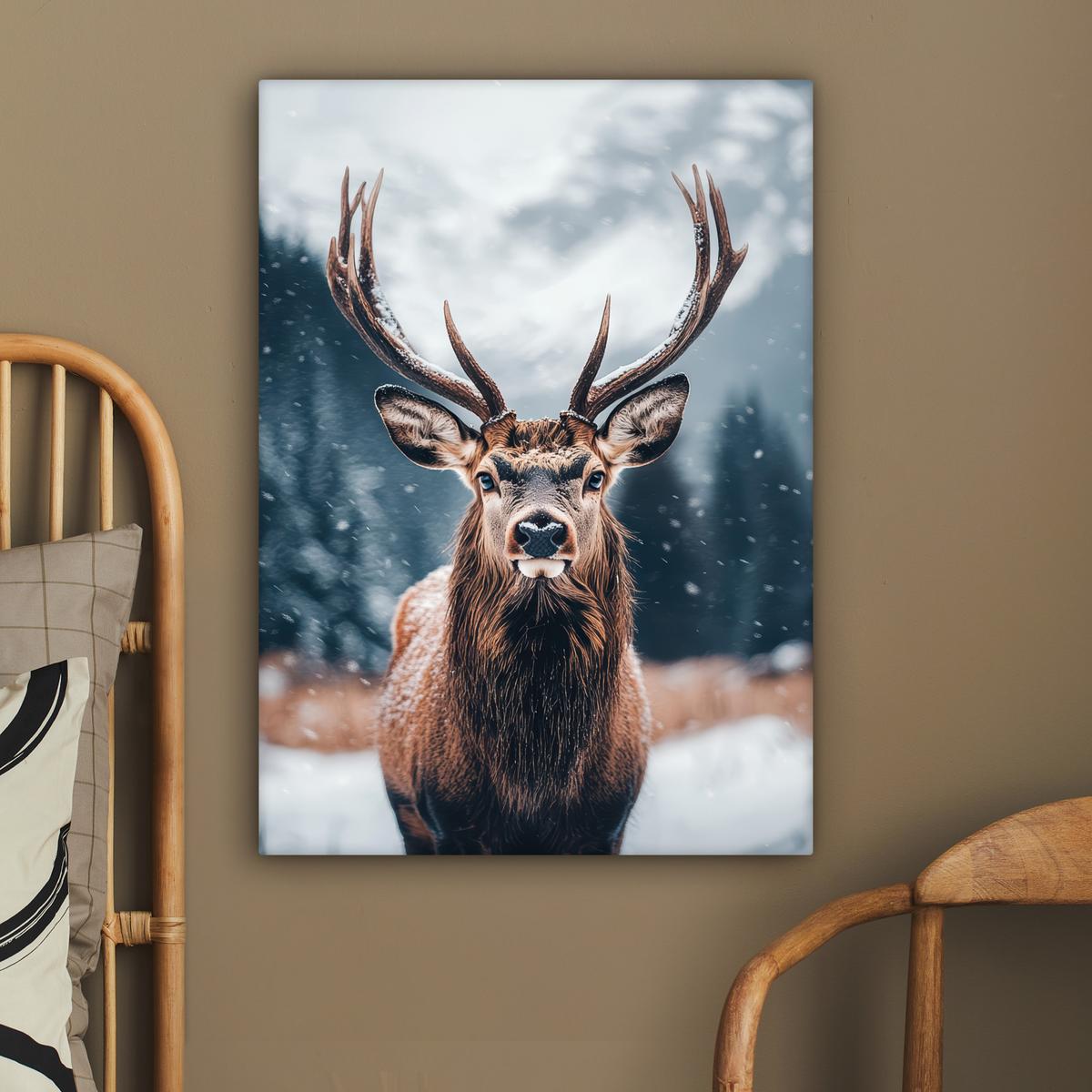 LEINWANDBILD Hirsche - Tiere - Landschaft - Winter - Schnee Wandbild Wohnzimmer 60x80 cm - Kastanienfarben, Textil (60/80cm) - MuchoWow