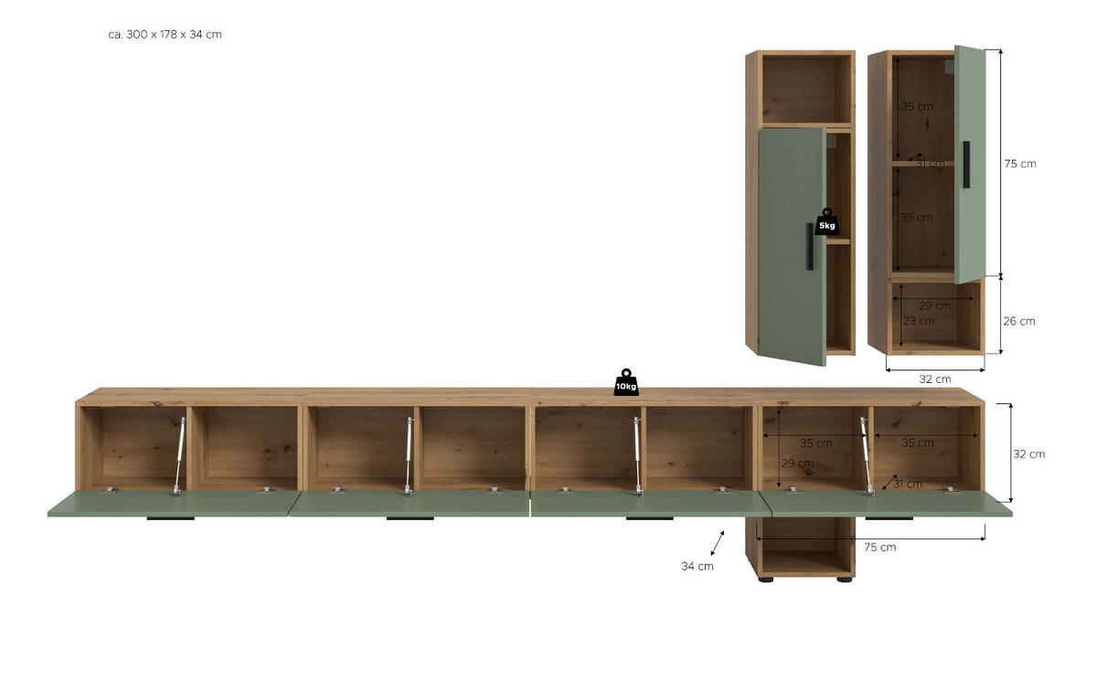 WOHNWAND grün, Eiche Artisan 300 cm, Wohnkombination hängend / stehend - Schwarz/Eiche Artisan, Holzwerkstoff/Kunststoff (300/178/34cm) - Inn.Furn