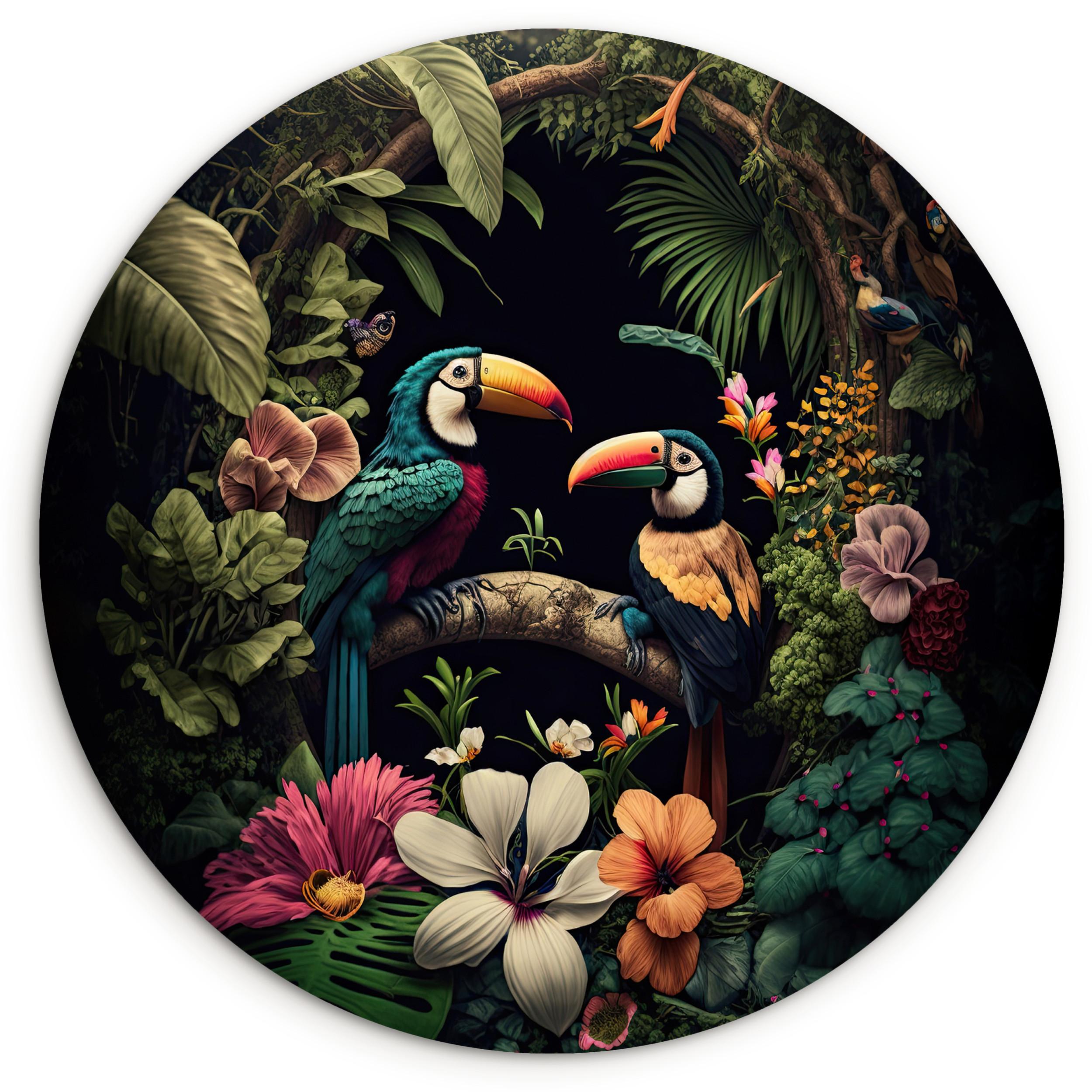 WANDBILD Vogel - Blumen - Pflanzen - Dschungel - Schwarz - Tukan Deko Groß 150x150 cm - Smaragdgrün, Kunststoff (150/150cm) - MuchoWow