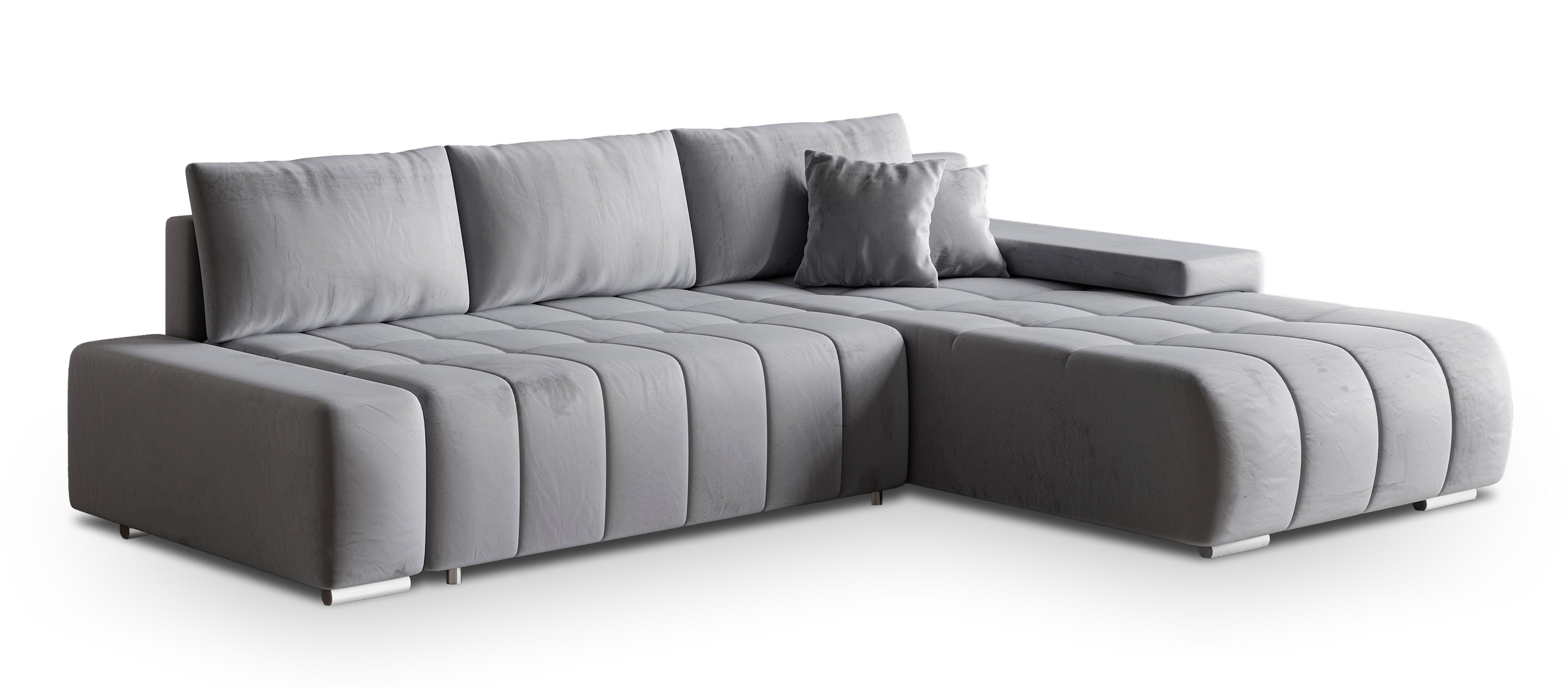 ECKSOFA ALESE R-S Hellgrau Velours-Stoff mit Schlaffunktion - Silberfarben/Hellgrau, Holz/Textil (265/185cm) - MASSENO