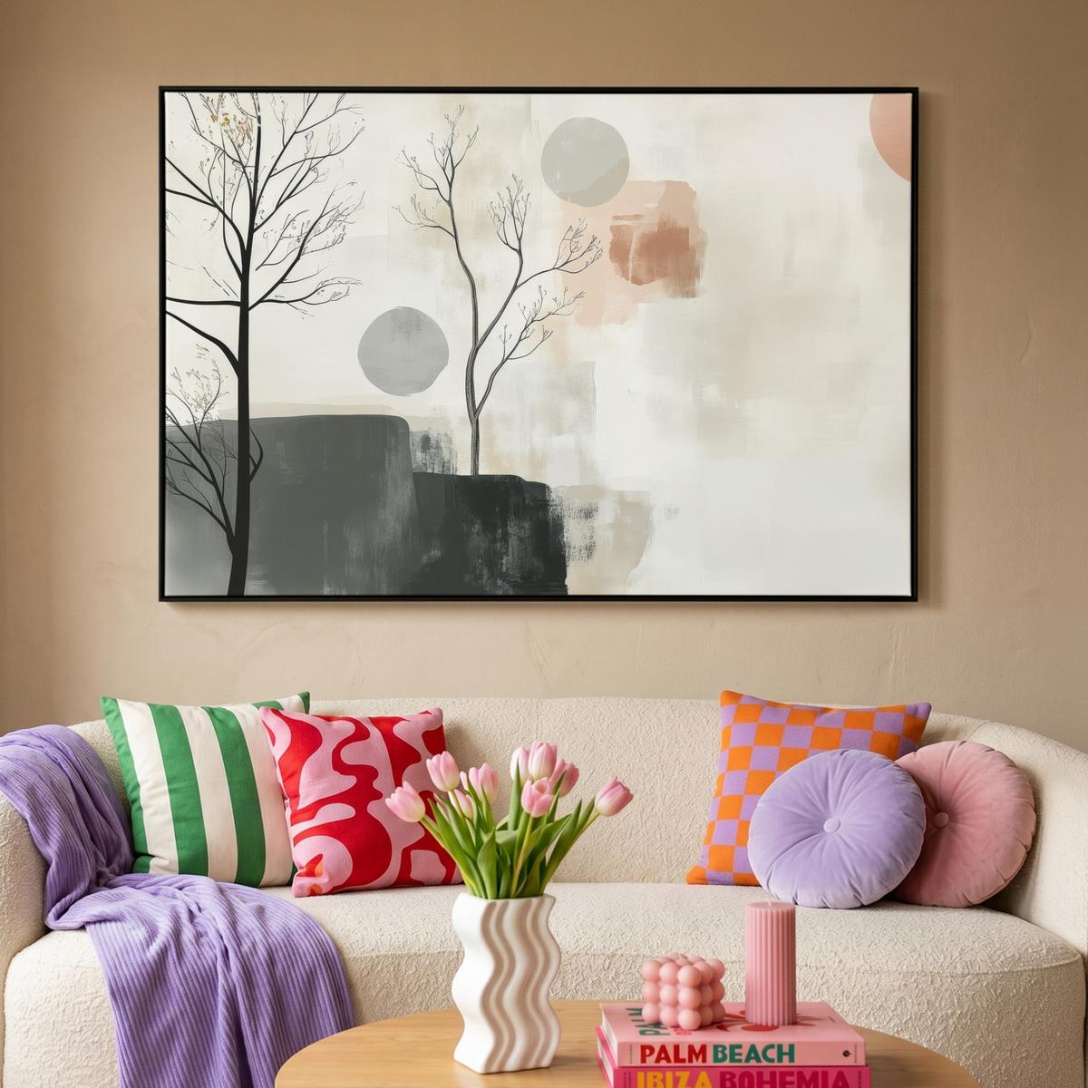LEINWAND Bilder mit Rahmen - Wabi sabi - Beige - Pflanze - 120x80 - Sandfarben, Textil (120/80cm) - MuchoWow