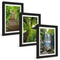 BILDER SET 3er Set - 20x30 cm Schwarzer Rahmen - Pfad Wald Wasserfall Vegetation - Schwarz, Kunststoff (20/30cm) - TULUP