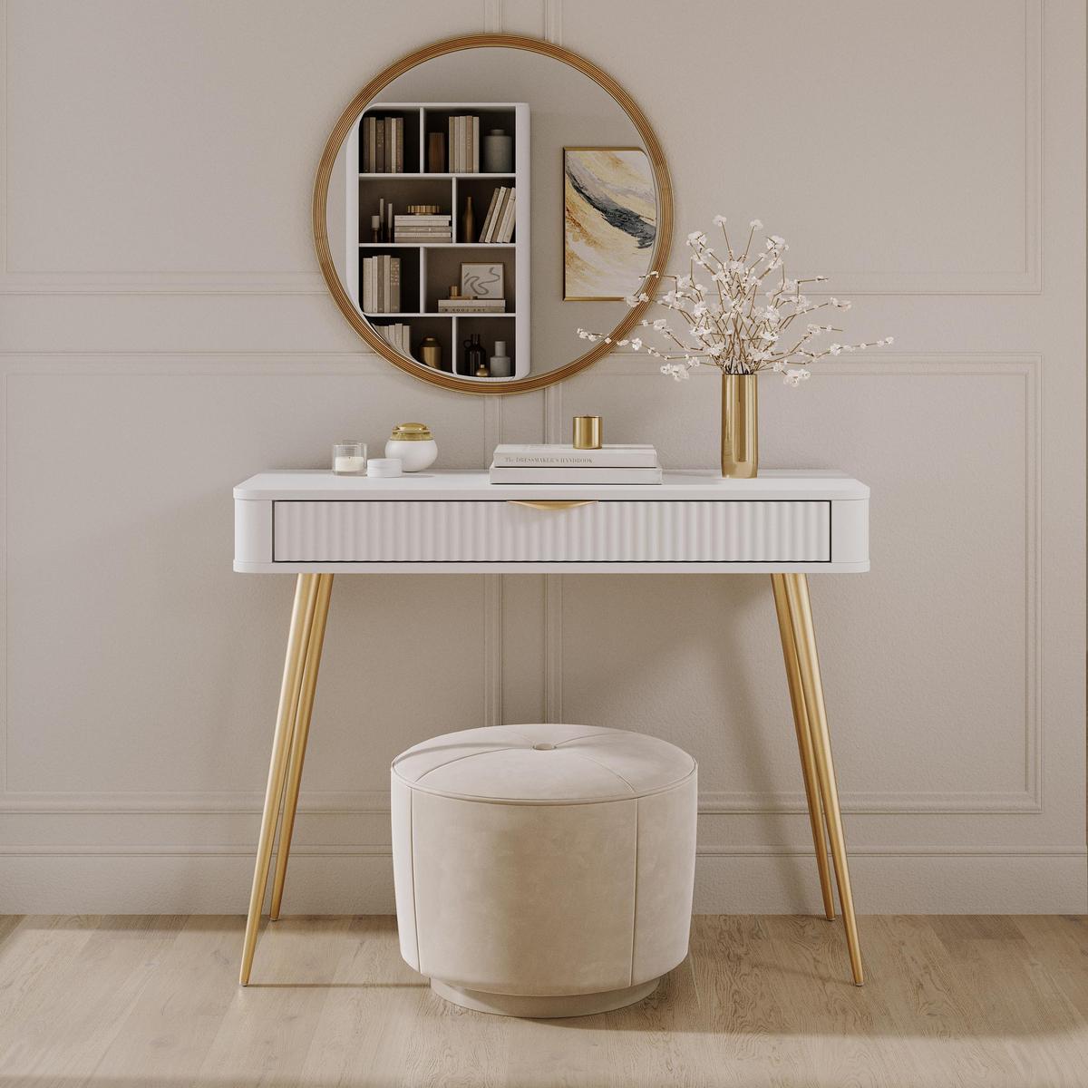 KONSOLENTISCH Vespasia 1S Beige 100,2/78/38 cm – Geriffelte Fronten - Goldfarben/Weiß, Holzwerkstoff/Metall (38/100.2/78cm) - AX Living