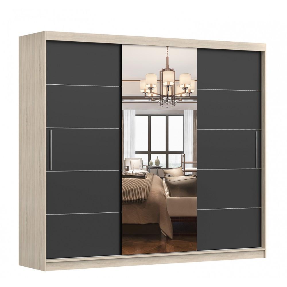 SCHWEBETÜRENSCHRANK Alba Sonoma Eiche/Schwarz + Spiegel, mit LED - Beleuchtung 250 cm - Schwarz/Alufarben, Glas/Holzwerkstoff (250/218/61cm) - imoebel24