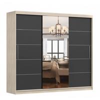 SCHWEBETÜRENSCHRANK Alba Sonoma Eiche/Schwarz + Spiegel, mit LED - Beleuchtung 250 cm - Schwarz/Alufarben, Glas/Holzwerkstoff (250/218/61cm) - imoebel24