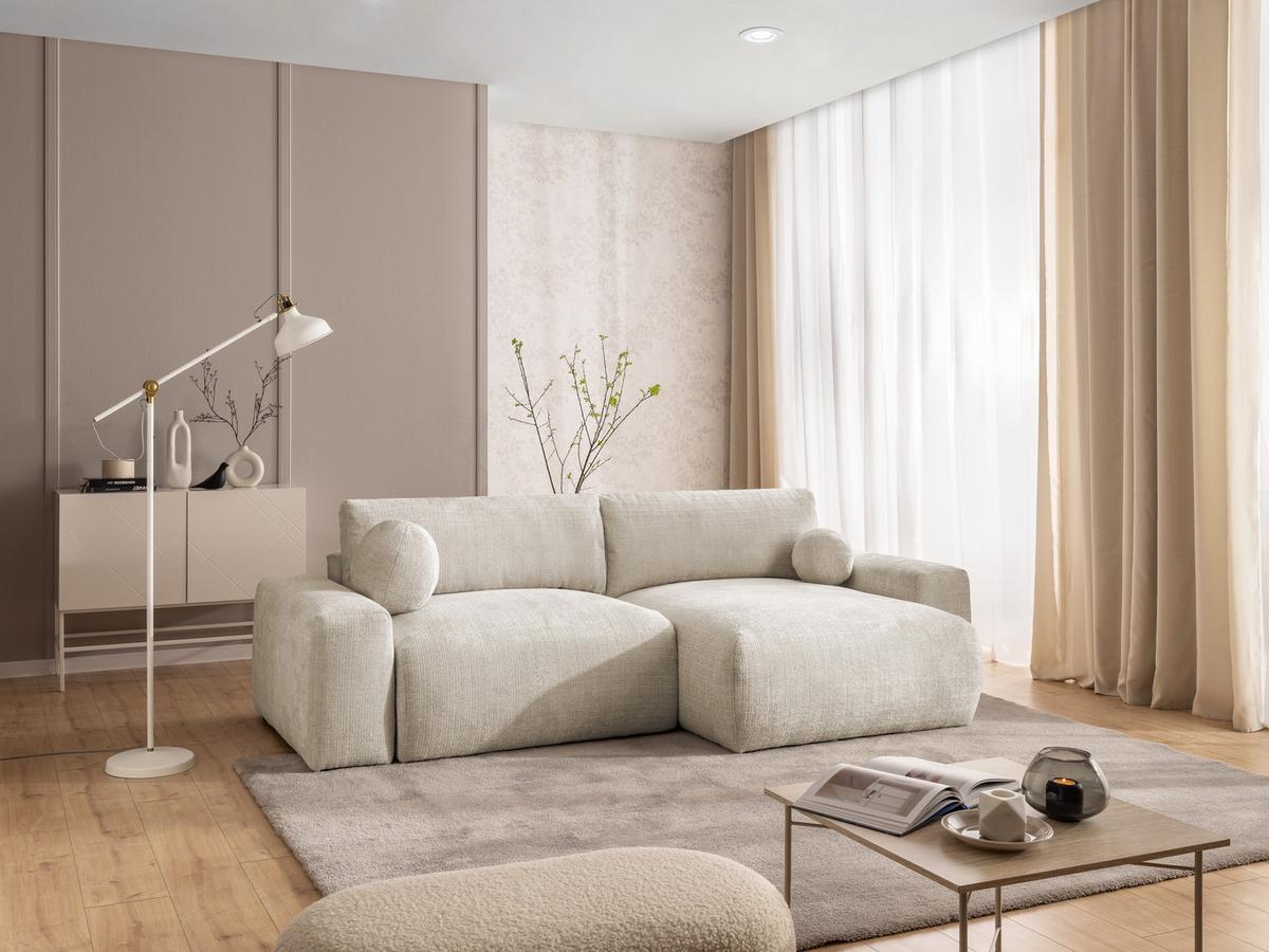ECKSOFA Puffy mit Schlaffunktion und Bettkasten - besonders weich und puffig aus Beige Chenille-Stoff - Ottomane rechts - Beige/Creme, Holz/Kunststoff (266/138cm) - S-Style Möbel