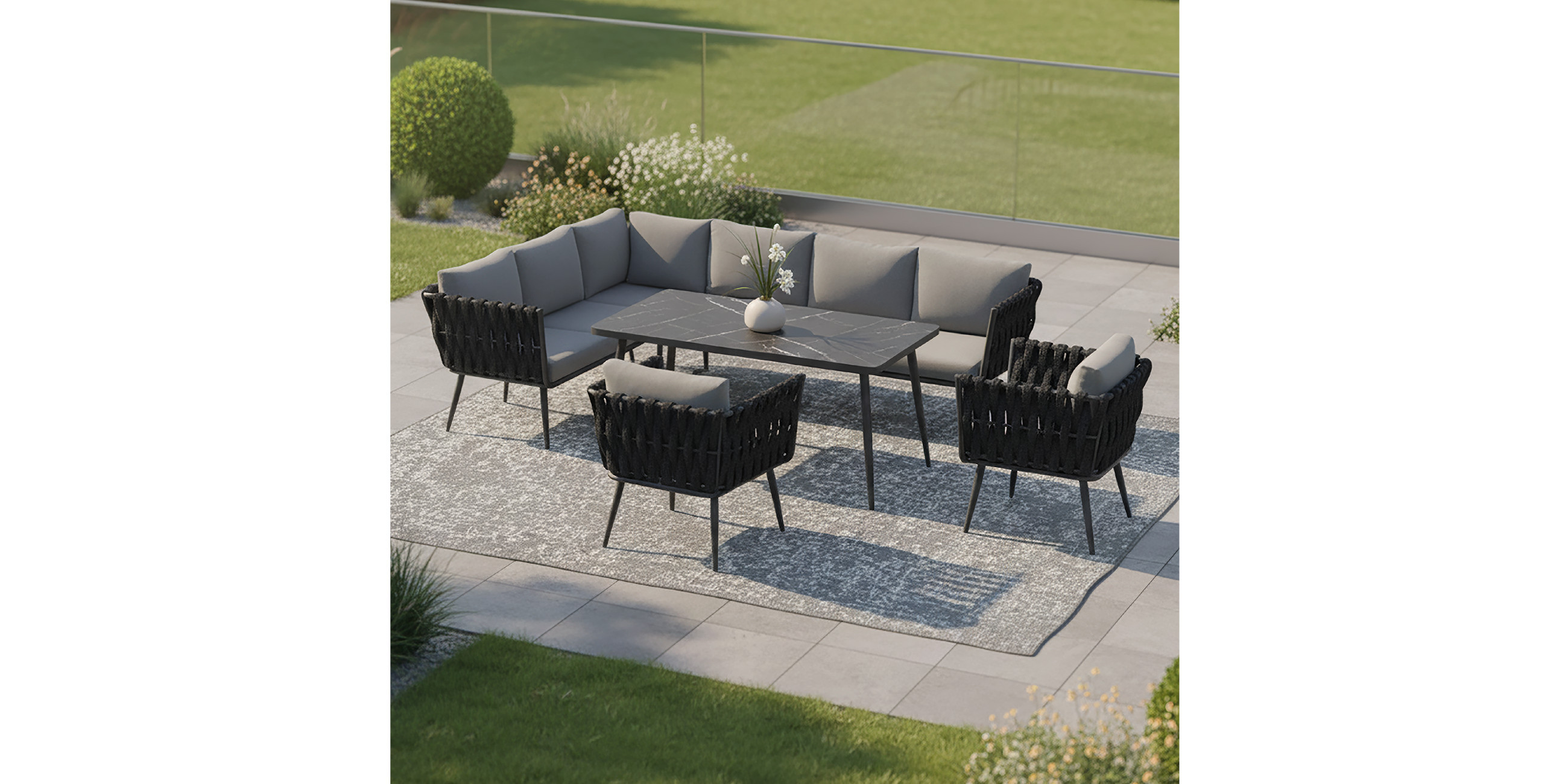 Graue Loungegarnitur mit schwarzem Geflecht