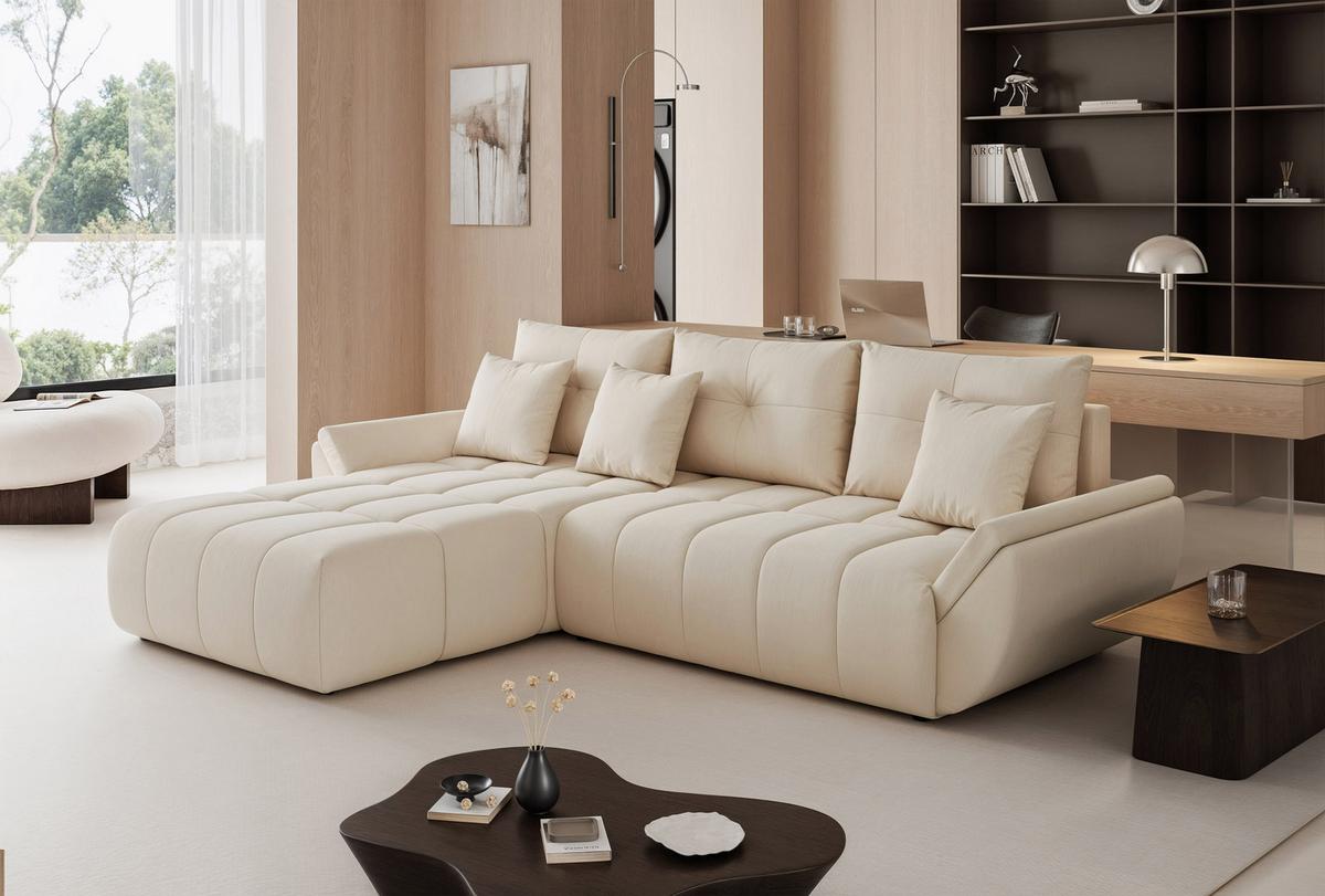 ECKSOFA ARO mit Schlaffunktion und Bettkasten Creme - Creme/Schwarz, Kunststoff/Textil (280/190cm) - Idohome