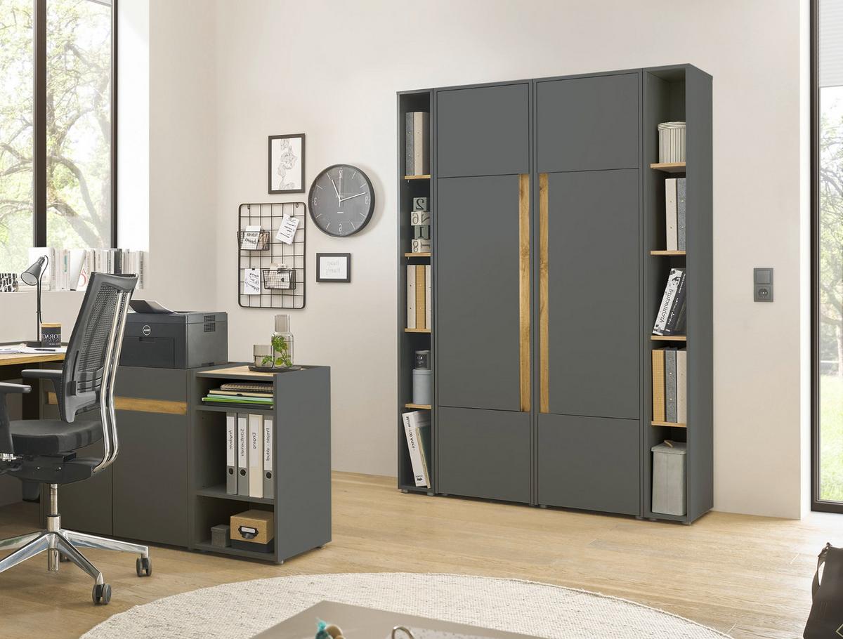 AKTENSCHRANK Set 4-teilig grau matt, Eiche Wotan 140 x 200 cm, Schrank-Regal-Kombination mit 20 Fächern - Eiche Wotan/Schwarz, Holzwerkstoff/Kunststoff (140/200/40cm) - Furn.Design