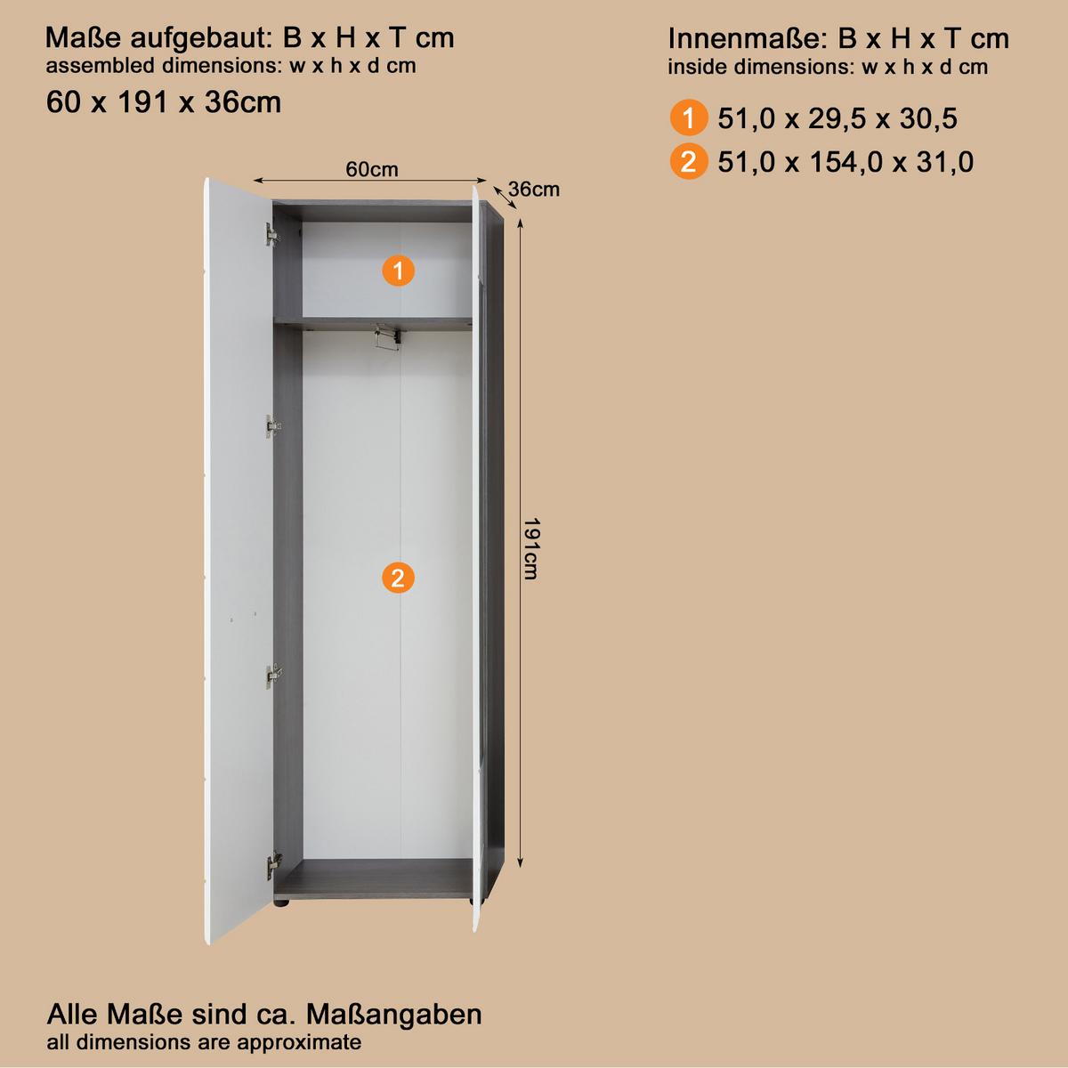 GARDEROBENSCHRANK weiß Hochglanz, grau 60 x 191 cm, Flurschrank mit Spiegel - Weiß Hochglanz/Silberfarben, Glas/Holzwerkstoff (60/191/35cm) - Top.Furn
