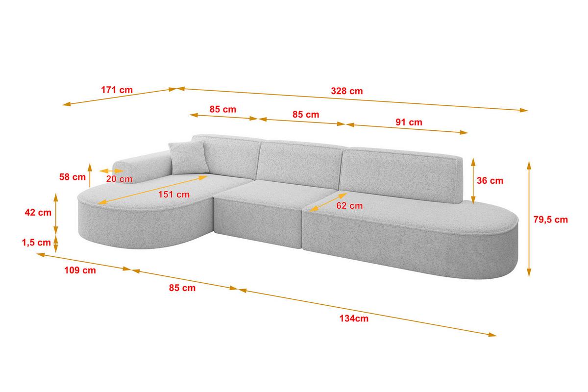 ECKSOFA Ottomane Links MARI-L2 - 328x171x79 cm Grau Tissu - Schwarz/Grau, Holzwerkstoff/Kunststoff (328/171cm) - ALTDECOR