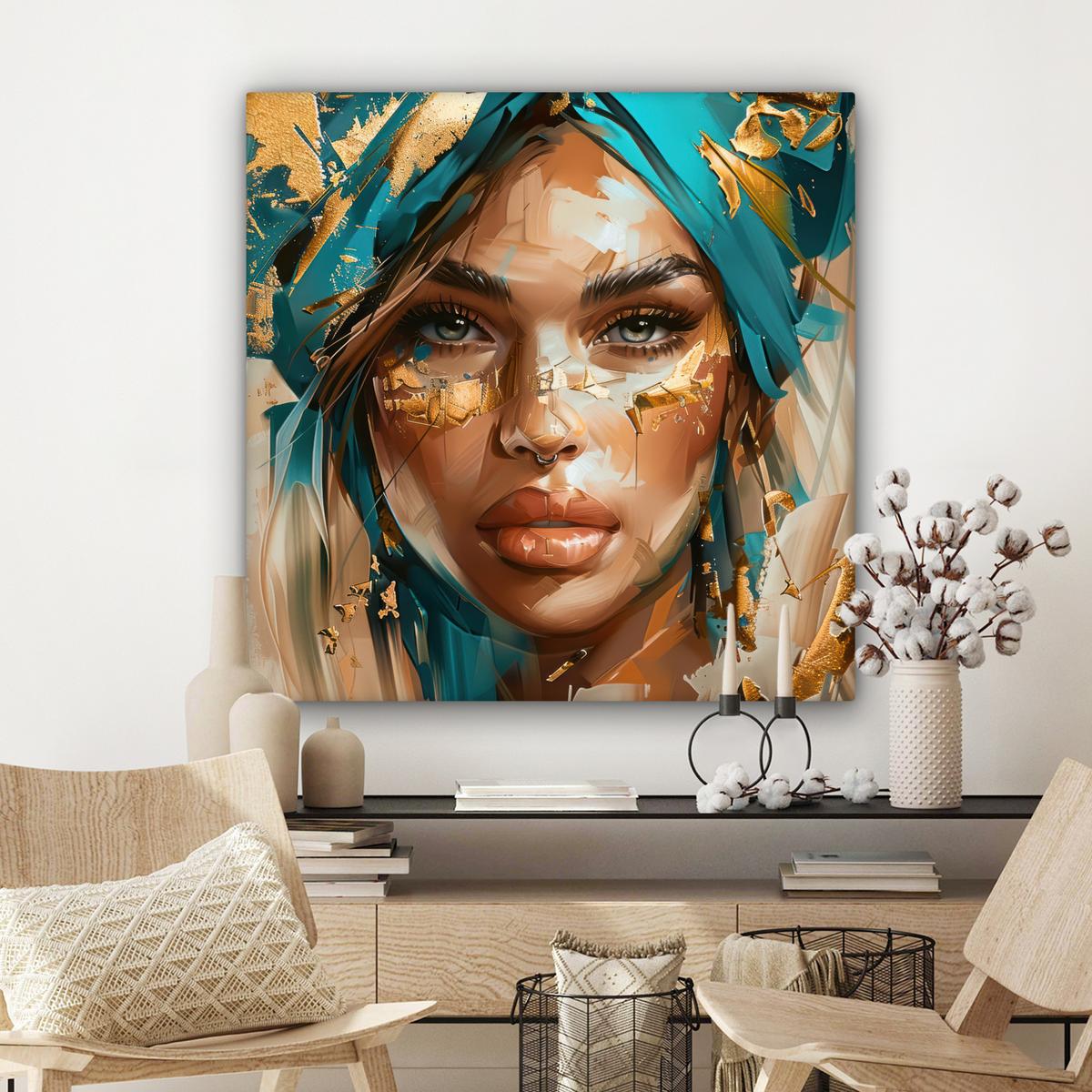 LEINWANDBILD Frau - Porträt - Gold - Luxus - Blau Deko Groß 90x90 cm - Türkis, Textil (90/90cm) - MuchoWow