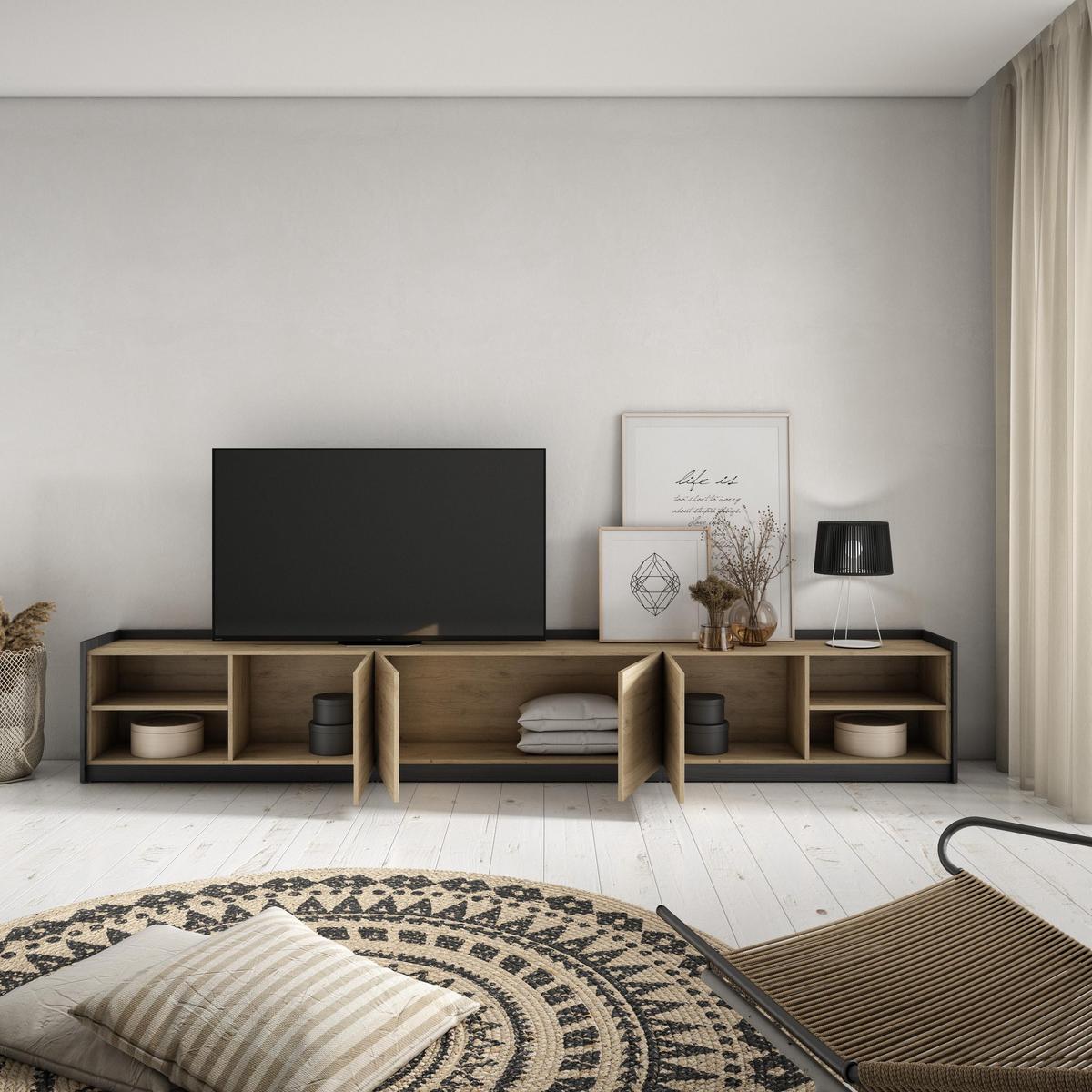 LOWBOARD, 310x37x50cm, Für TV-Geräte bis zu 80", Fernsehtisch, Eiche Schwarz - Eichefarben, Holzwerkstoff (310/50/37cm) - Skraut Home