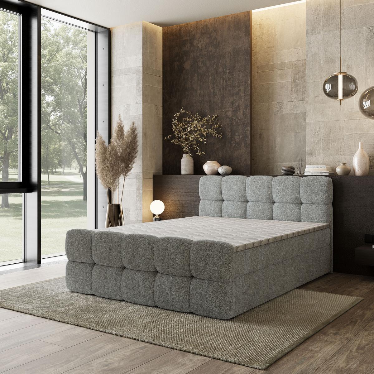 BOXBETT BRUME 180x200 cm mit Matratze und Topper, H2+H3 - Hellgrau - Hellgrau, Holz (180/200cm) - MASSENO