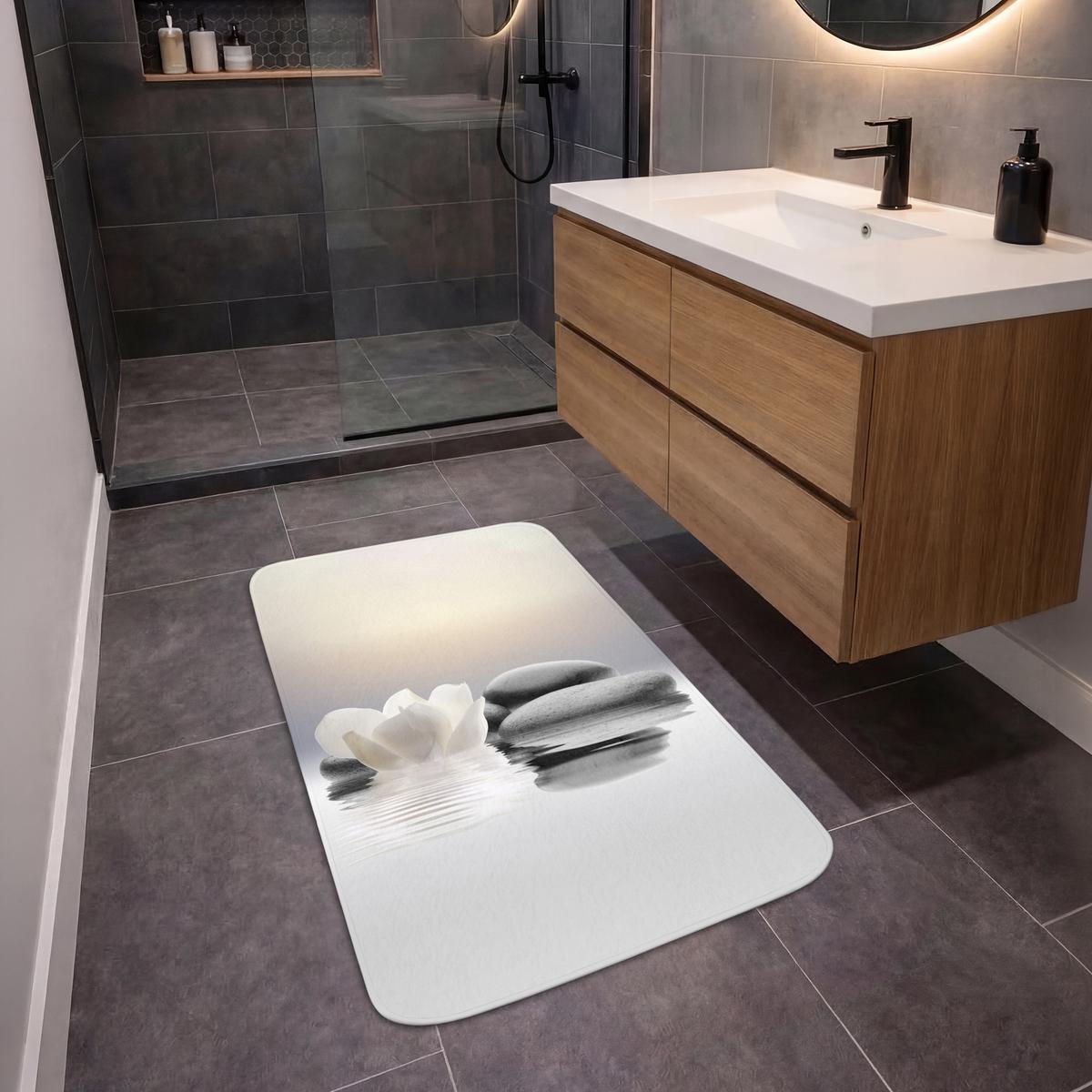 BADEMATTE Steine - Lotus - Weiß - Wasser - Zen 60x90 cm - Weiß, Textil (60/90cm) - OnlyWow