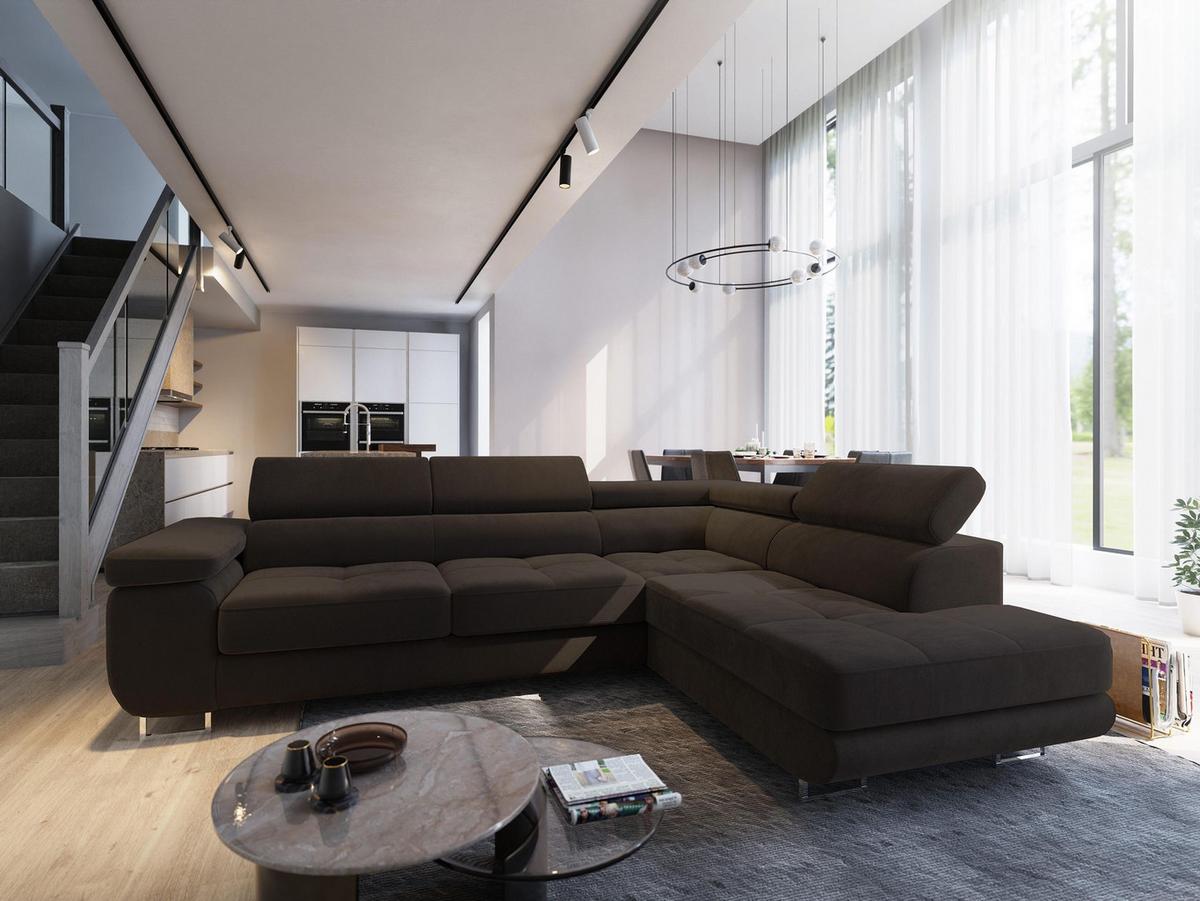 ECKSOFA SELVA R-S Braun Velours-Stoff mit Schlaffunktion - Silberfarben/Braun, Holz/Holzwerkstoff (275/202cm) - MASSENO