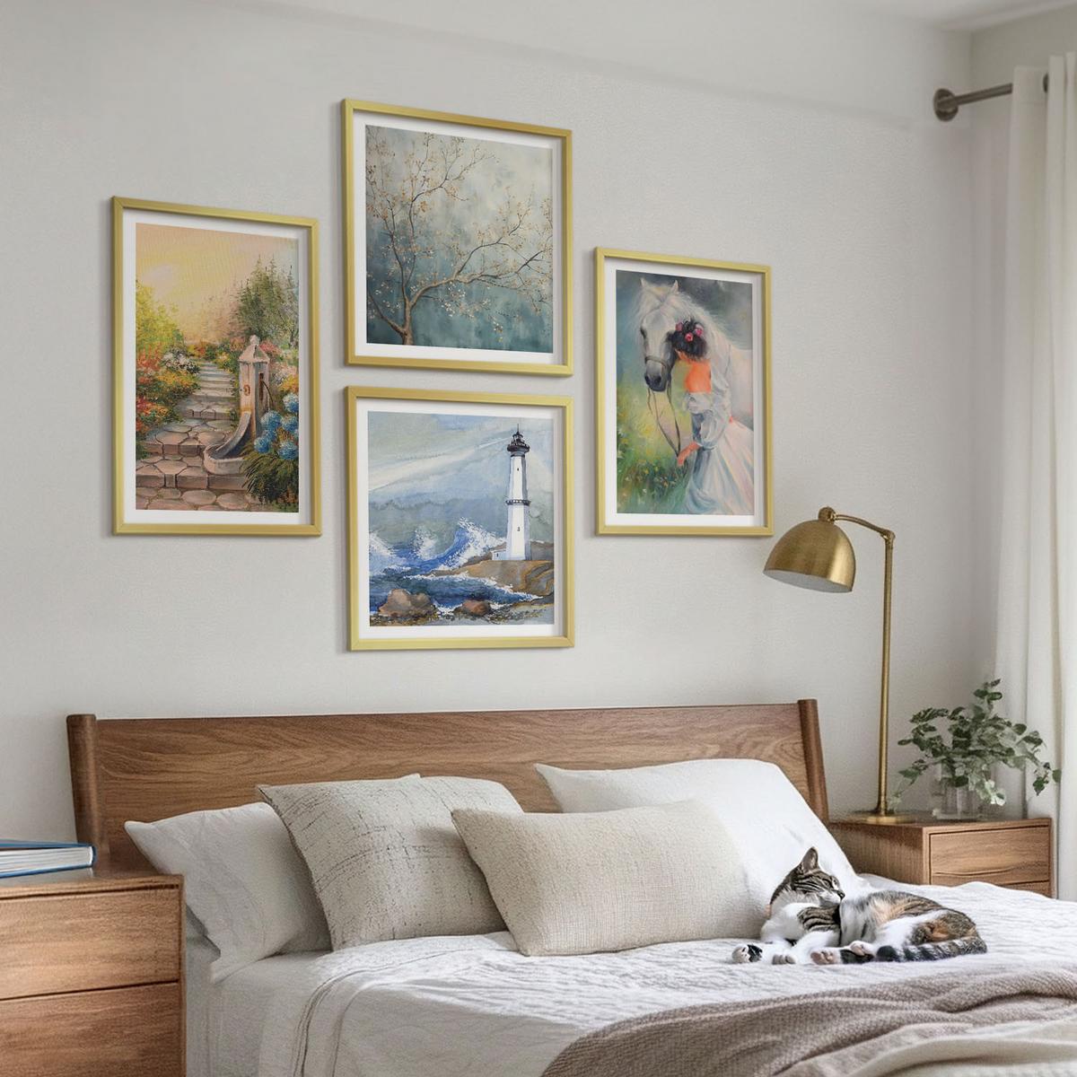 BILDER SET 4er Set - 50x50 cm & 40x60 cm Goldrahmen - Leuchtturm, Landschaft, Mädchen, Pferd - Goldfarben, Kunststoff (50/50cm) - TULUP
