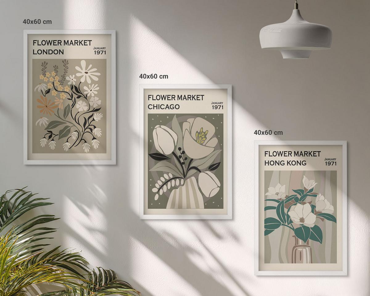 BILDER SET 3er Set - 40x60 cm Weißer Rahmen - Blumenmessen London Chicago Hongkong - Weiß, Kunststoff (40/60cm) - TULUP