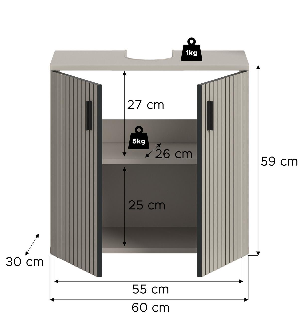 WASCHBECKENUNTERSCHRANK kaschmir 60 cm, Badezimmer Unterschrank 2-türig - Kaschmir/Schwarz, Holzwerkstoff/Kunststoff (60/59/30cm) - Inn.Furn