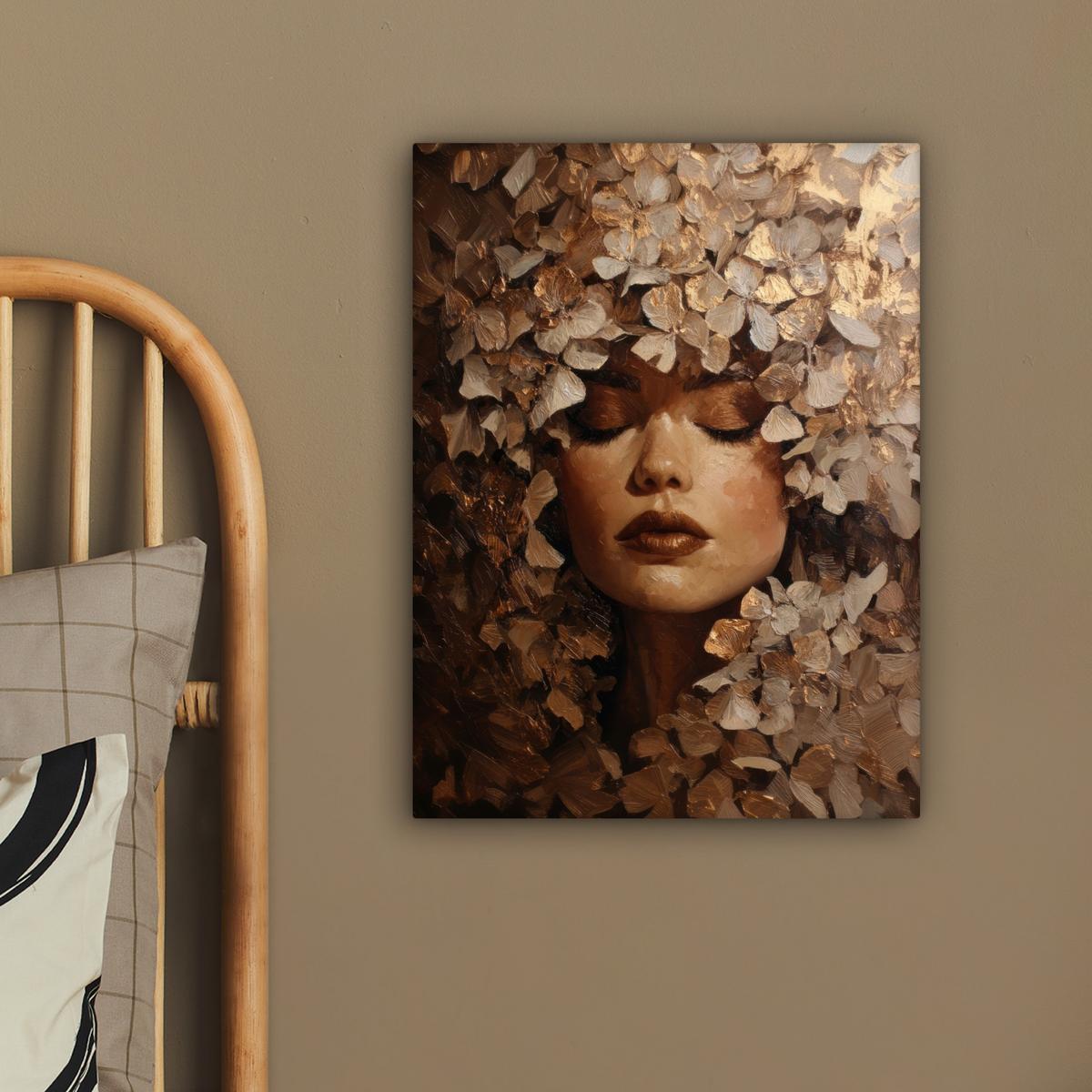 LEINWANDBILD Gesicht - Dame - Blätter - Pinselstriche Room Decor 30x40 cm - Goldfarben, Textil (30/40cm) - MuchoWow