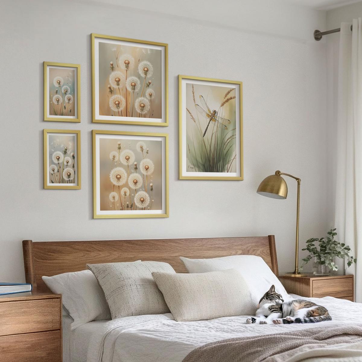 BILDER SET 5er Set - 50x50 cm & 20x30 cm & 40x60 cm Goldrahmen - Weiße Löwenzahnblüten auf hellem Hintergrund - Goldfarben, Kunststoff (40/60cm) - TULUP