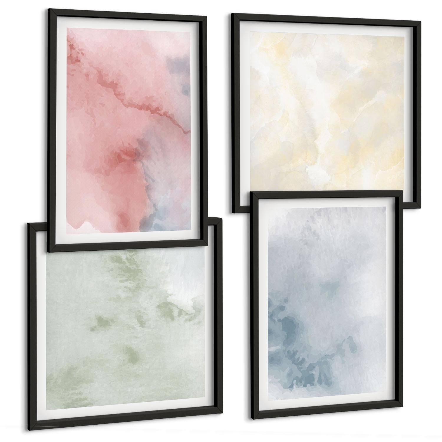 BILDER SET 4er Set - 50x50 cm & 40x60 cm Schwarzer Rahmen - Aquarellfarben in Pastellfarben - Schwarz, Kunststoff (50/50cm) - TULUP