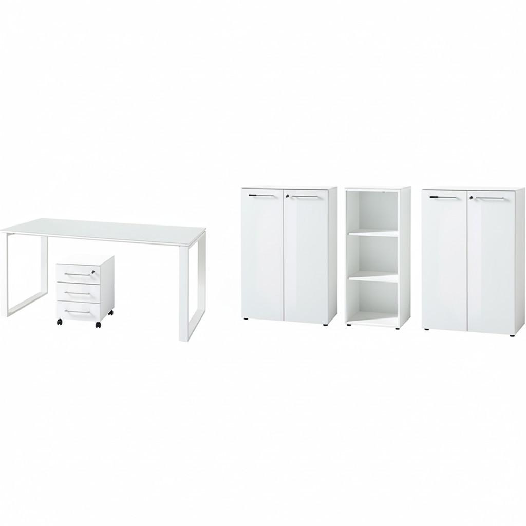 BÜRO-SET MUENCHEN 5-teilig weiß | Glasfront Abschließbar | Schreibtisch, Container, 2 Schränke, Regal - Weiß, Holzwerkstoff/Metall (80/415/120cm) - KADIMA DESIGN