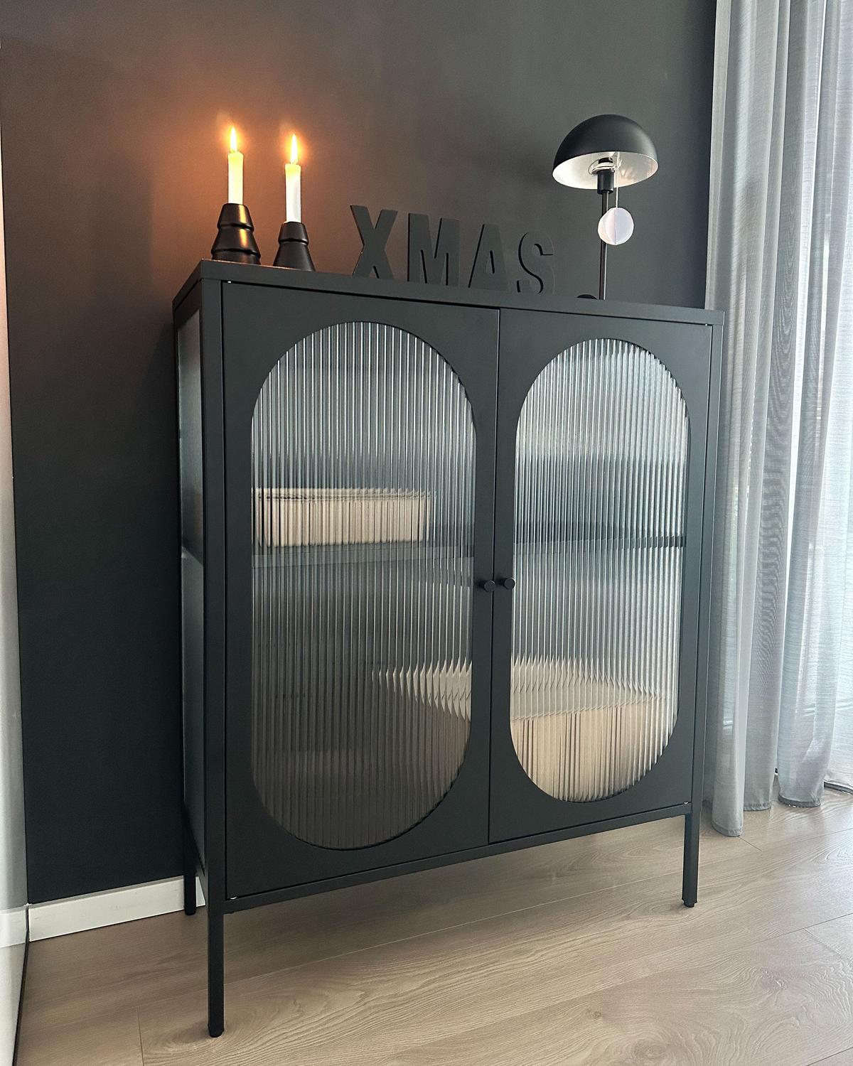 GLASVITRINE Schwarz Sarre - Goldfarben/Schwarz, Metall (90/111/35cm) - Beliani