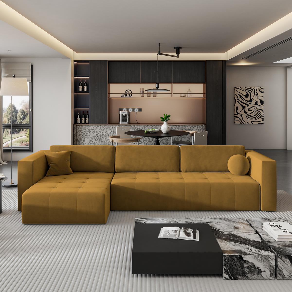 ECKSOFA OLVERA Gelb Plüsch-Stoff mit Schlaffunktion - Gelb, Holz (347/148cm) - MASSENO