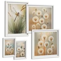 BILDER SET 5er Set - 50x50 cm & 20x30 cm & 40x60 cm Weißer Rahmen - Weiße Löwenzahnblüten auf hellem Hintergrund - Weiß, Kunststoff (40/60cm) - TULUP