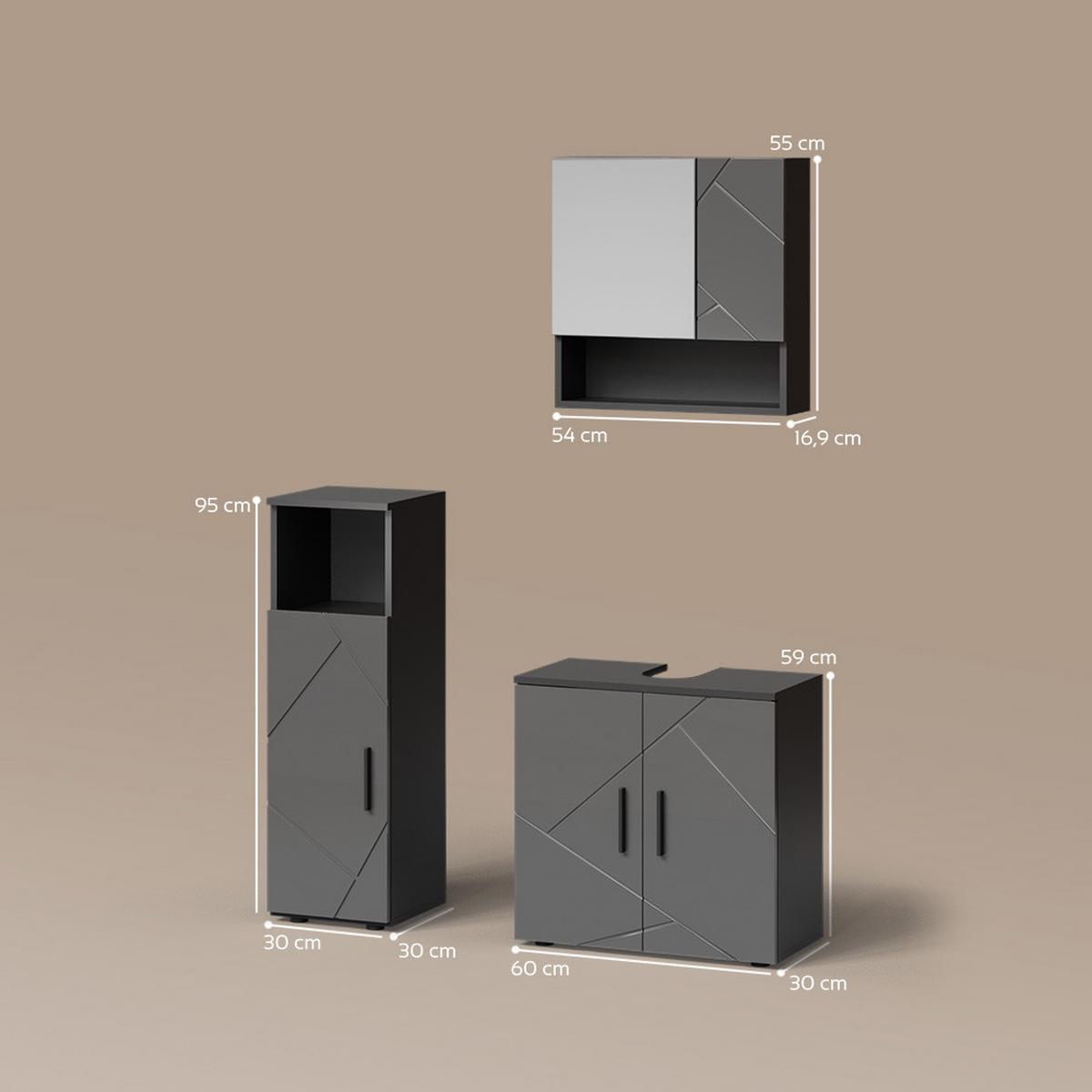 BADMÖBEL-SET Ronco Anthrazit Hochglanz 3 Teile - Schwarz Hochglanz, Holzwerkstoff (60/95/30cm) - Livinity®