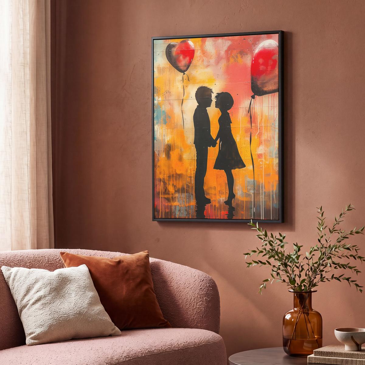 LEINWAND Bilder mit Rahmen - Straßenkunst - Liebe - Graffiti - Kunst - Banksy - 70x100 - Orange, Textil (70/100cm) - MuchoWow