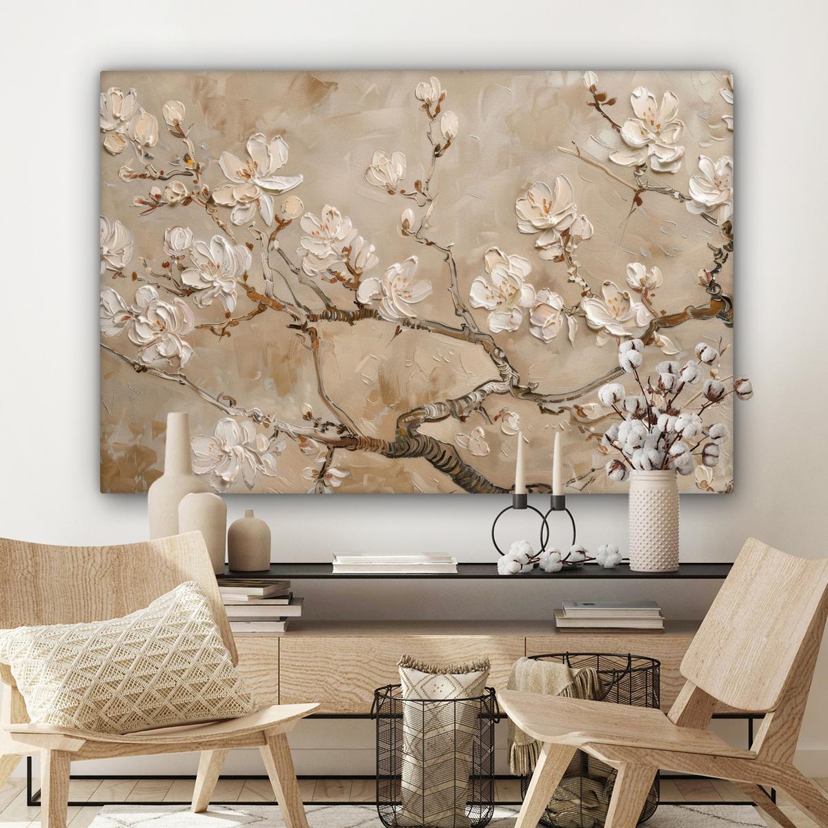 LEINWANDBILD Blumen - Modern - Beige - Weiß - Blüte Groß 140x90 cm - Beige, Textil (140/90cm) - MuchoWow