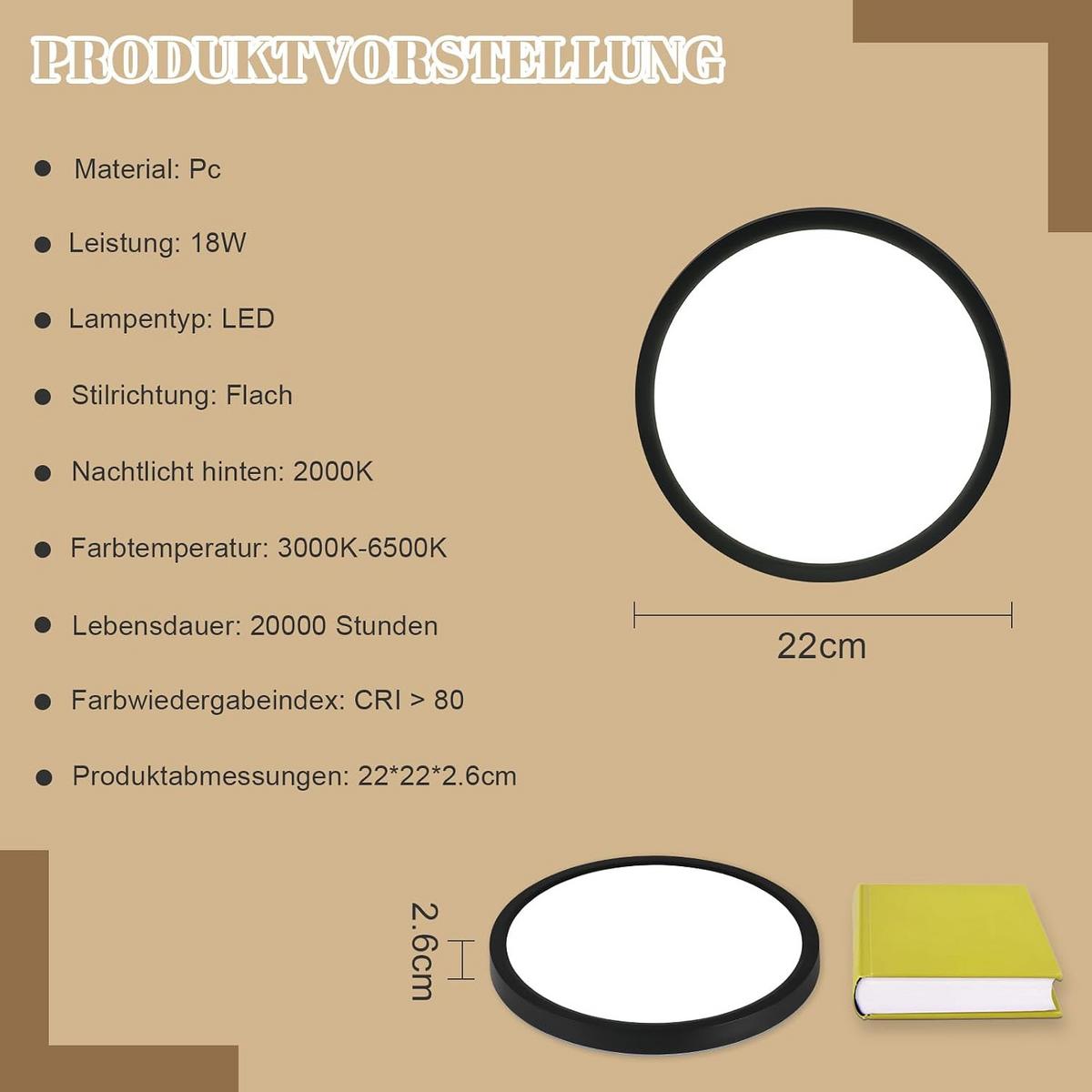 LED-DECKENLEUCHTE Dornwacht 22.0/2.6/22 cm - Schwarz, Kunststoff (22/22/2.6cm) - ZMH