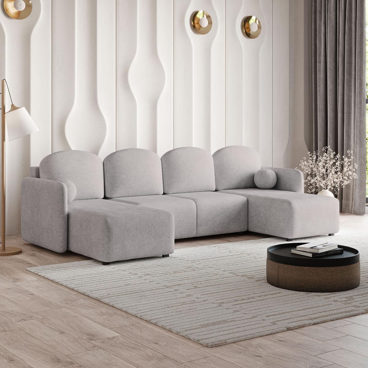 WOHNLANDSCHAFT NUBERO Hellgrau Geflochtener Stoff mit Schlaffunktion - Hellgrau, Holz (285/85/143cm) - MASSENO