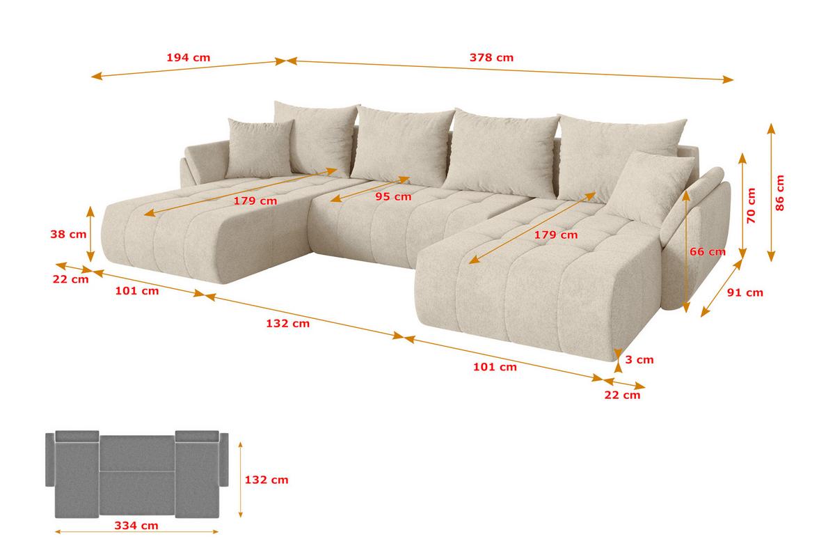 WOHNLANDSCHAFT mit Schlaffunktion und Bettkasten TOKO-U 378x194x86 Creme Velours - Creme/Schwarz, Holzwerkstoff/Kunststoff (378/86/194cm) - ALTDECOR